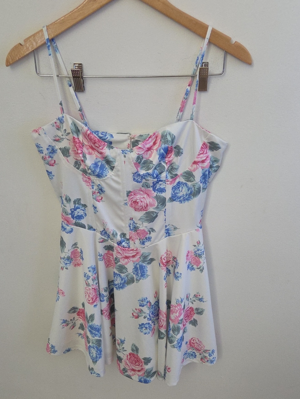 Ardene White Floral Spaghetti Strap Slip Mini Dress Pink & Blue Roses Medium